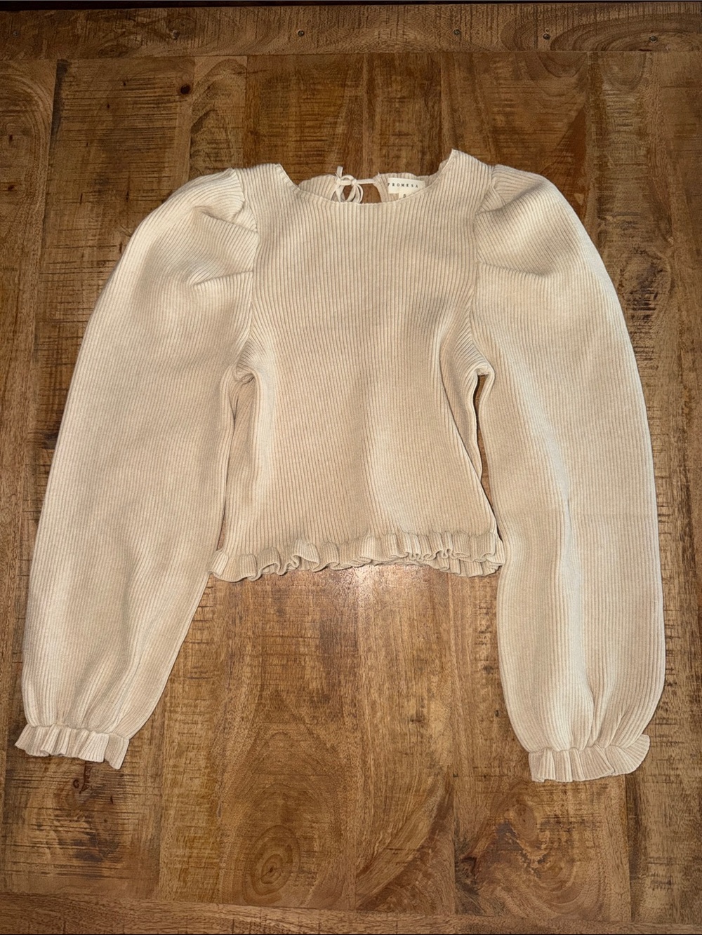 Promesa Cream Ribbed Puff-Sleeve Sweater Top